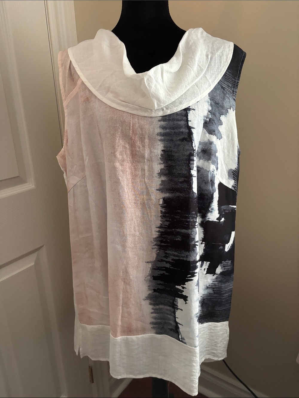 Sleeveless Artistic Print Linen Tunic with Draped Collar - White, Black, Blush
